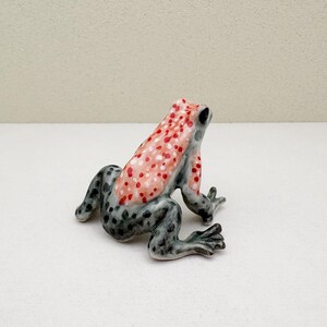 Op de afbeelding: Een keramiek beeldje van een kikker met een grijs en zwart gevlekt lichaam en een rood en wit gevlekt rug.