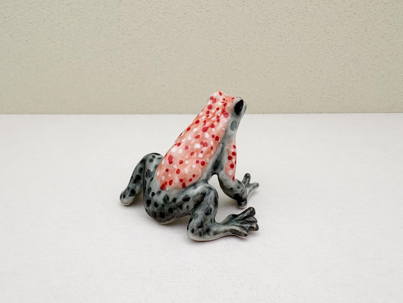 Op de afbeelding: Een keramiek beeldje van een kikker met een grijs en zwart gevlekt lichaam en een rood en wit gevlekt rug.