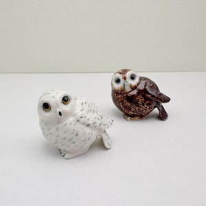 以下が含まれることがあります： 2つのセラミックフクロウの置物。1つは黒い斑点と黄色の目を持つ白です。もう1つは、明るい茶色と白のマーキングと黄色の目を持つ茶色です。どちらも止まり、正面を向いています。