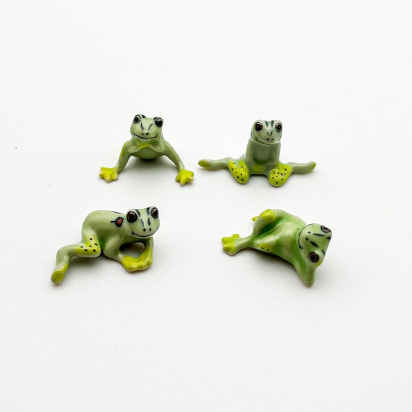 4 Tiny Green Frogs, Hand-Painted Ceramic Figurines Treasure for Home Decor Lovers, Animal Enthusiasts, Terrarium or miniature setting