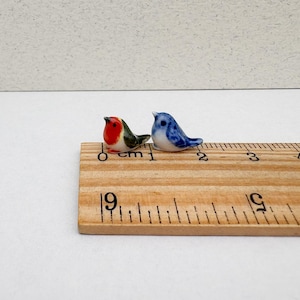 May include: Two miniature ceramic birds. One bird is red, white, and green, and the other is blue and white. They are placed on a wooden ruler, with the blue bird measuring approximately 1 inch in length.