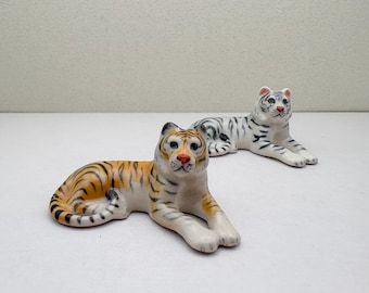 Hand-Painted Ceramic Tigers | Miniature Figurines, Front-Facing Guardian Pose