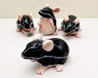 Handcrafted Black Ceramic Rat Figurine: Rustic Animal Sculpture