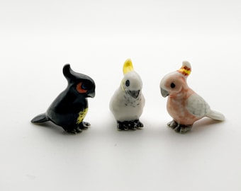 Tiny Cockatoo Birds Ceramic Figurine Miniature Statue, Gift for Bird Lovers, Bird Colllection.