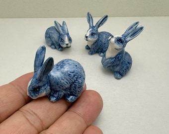 Blue Ceramic Rabbit Figurine: Hand-Painted Miniature Bunny