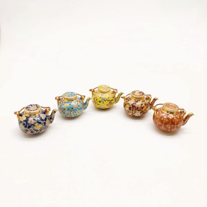 Ceramic Porcelain Miniature Chinese Teapot with Copper Handle, Benjarong patterns Golden Dots, Dollhouse Decoration, Gift for Teapot Lovers