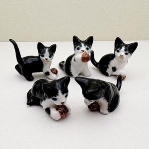 Hand-Painted Ceramic Tuxedo Cat Figurines: Mini Kitten Set