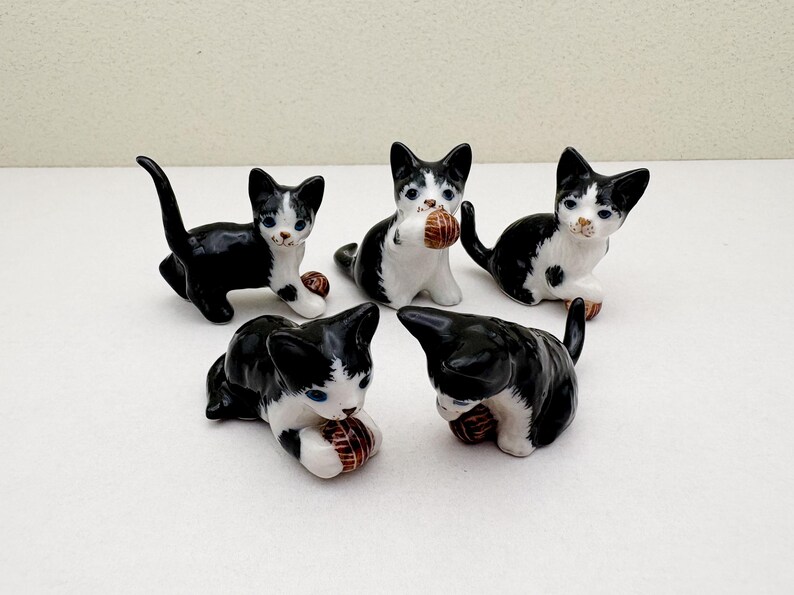 Hand-Painted Ceramic Tuxedo Cat Figurines: Mini Kitten Set
