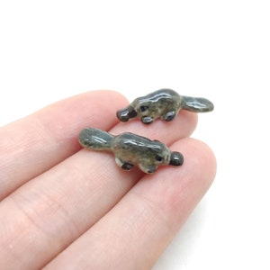 Peut inclure: Deux petites figurines en céramique de ornithorynques. Les ornithorynques sont gris et noirs avec une finition texturée. Ils sont posés en position de marche.