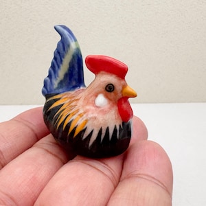 Colorful Ceramic Rooster – Miniature Farm Animal Figurine, Rustic Chicken Decor, Handcrafted Gift for Collectors and Home Display