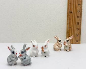 Hand-Painted Ceramic Bunny Pair: Miniature Rabbit Figurines, Easter Decor