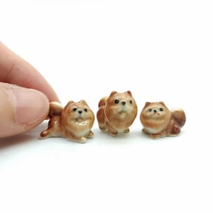 3 Tiny Brown Chocolate Pomeranian Dog Ceramic Figurines Miniature Statue | Dollhouse Decor