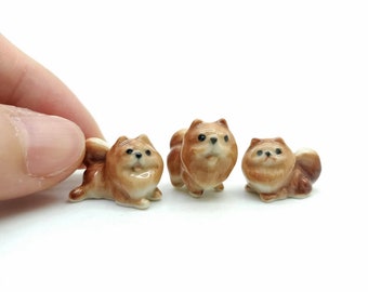3 Tiny Brown Chocolate Pomeranian Dog Ceramic Figurines Miniature Statue | Dollhouse Decor