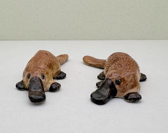 Może przedstawiać: Dwie ceramiczne figurki dziobaka. Dziobaki są brązowe z czarnymi dziobami i stopami. Leżą na białej powierzchni. Figurki mają błyszczące wykończenie i są szczegółowe z realistycznymi cechami.