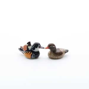 2 Tiny Mini Wood Duck (Carolina Duck) Ceramic Figurines Miniature Statue, Gift for Animal Lovers