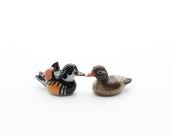 2 Tiny Mini Wood Duck (Carolina Duck) Ceramic Figurines Miniature Statue, Gift for Animal Lovers