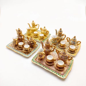 Miniature Benjarong Tea Set: Golden Dots Ceramic Porcelain Dollhouse Decoration