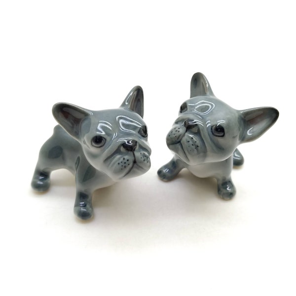 2 Greenish Gray French Bulldog Ceramic Figurines Animal Miniature Statue