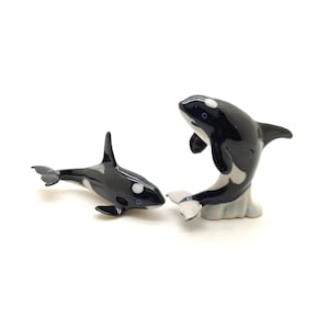 Set of 2 Ceramic Killer Whale Fish Figurines Animal Miniature Statues | Sea Life