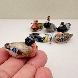 Könnte beinhalten: Sechs handbemalte Porzellan-Entenfiguren. Die Enten sind in verschiedenen Posen und mit unterschiedlichen Farben und Mustern verziert.