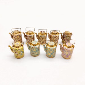 Ceramic Porcelain Miniature Chinese Teapot with Copper Handle, Benjarong patterns Golden Dots, Dollhouse Decoration, Gift for Teapot Lovers