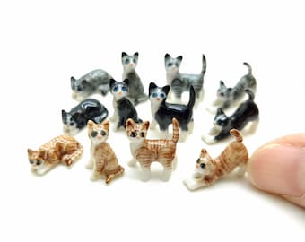Hand-Painted Mini Ceramic Cat Figurines: Playful Set of 4
