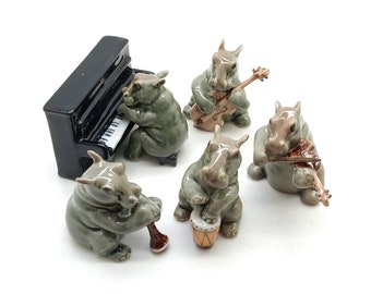 Hippopotamus Hippo Musician Ceramic Figurine Statue