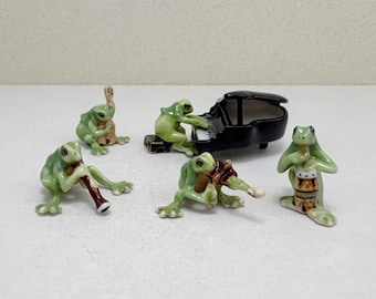 Tiny Frog Band Set of 5 Miniature Hand Painted Ceramic Figurines