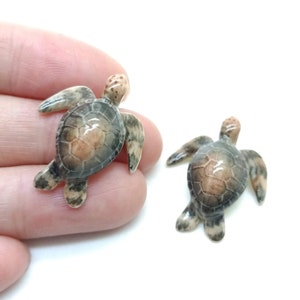 Set of 2 Tiny Ceramic Sea Turtle Figurines Statues | Sea Life Decoration