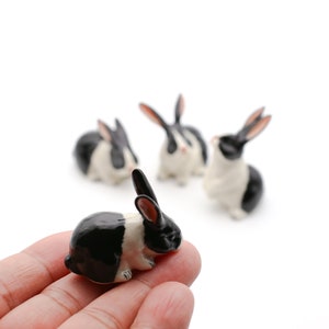 Black and White Rabbit Ceramic Miniature Figurine, Gift for Bunny Lovers, Animal Figurines Collectors, Good for dollhouse decoration