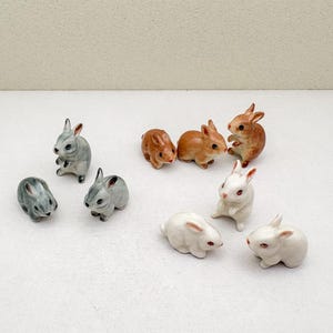 3 Tiny Cute Ceramic Rabbit Bunny Miniature Figurines | Good for Dollhouse Decoration, Gift for Rabbit Lovers, Animal Figurine Collector
