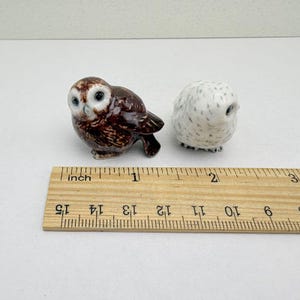 K&ouml;nnte beinhalten: Zwei Eulenfiguren aus Keramik. Eine ist braun mit wei&szlig;en und blauen Augen, die andere ist wei&szlig; mit grauen Flecken. Ein Holzlineal mit Zollmarkierungen befindet sich neben den Eulen. Die braune Eule ist etwa 2,5 cm lang.