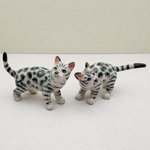 Può includere: Due statuette di gatto in ceramica. Ogni gatto ha una base bianca con macchie e strisce grigie, occhi verdi e orecchie interne rosa. I gatti sono in posa giocosa, con una coda in su e l'altra in giù.