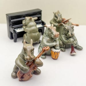 Hand-Painted Ceramic Hippo Musician Figurine - Made in Thailand