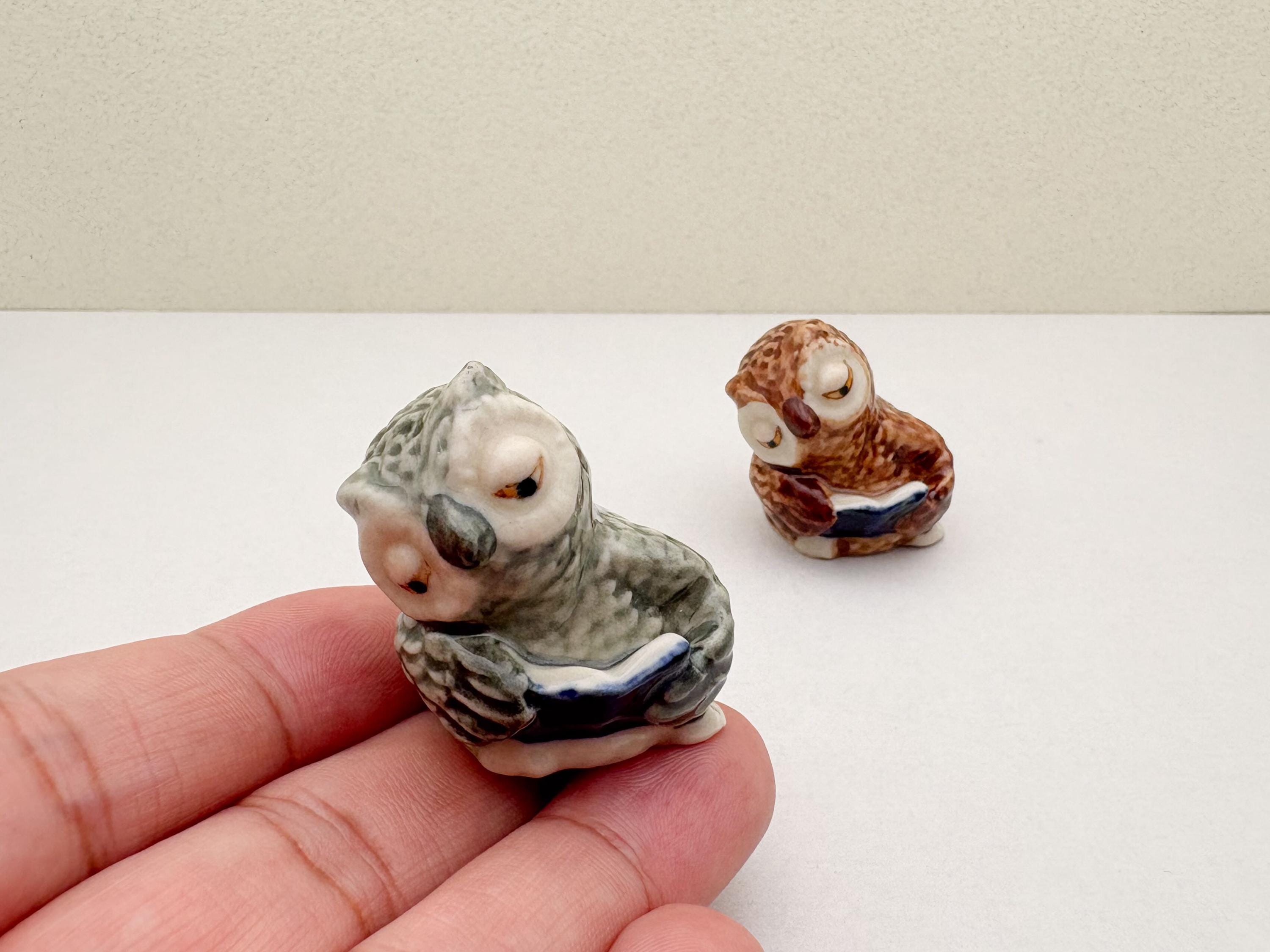 Hand-Painted Mini Ceramic Owl Figurine – Wise Owl with Book (Gray or Brown)