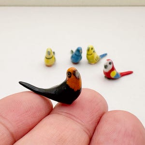 May include: A collection of five miniature ceramic bird figurines. The birds are painted in various colours, including yellow, blue, red, and black. The birds are all different species, and they are arranged in a group on a white surface.