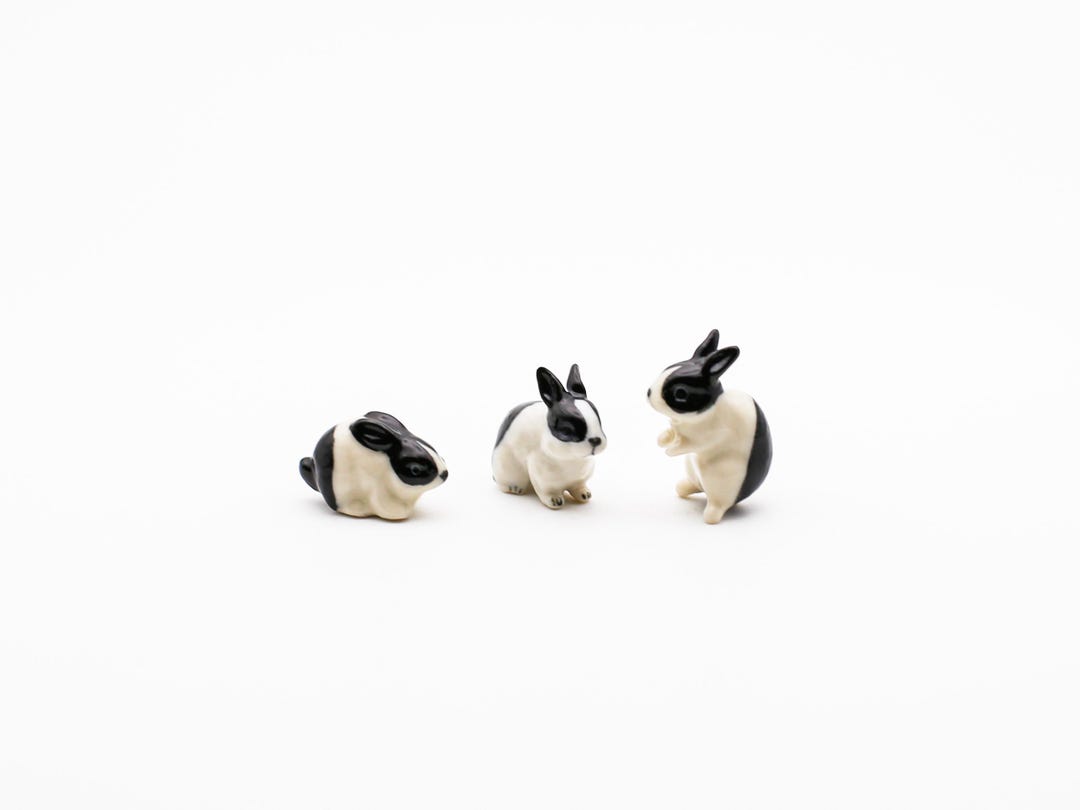 Black & White Rabbit Miniature Set - Hand-painted Ceramic Bunny ...