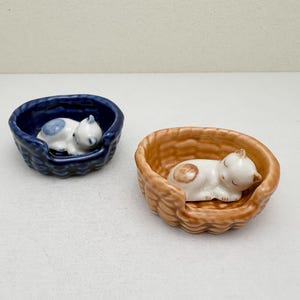 Ceramic Sleeping Cat Figurine in Basket — Handmade Miniature, Cat Lover Gift, Choose Color