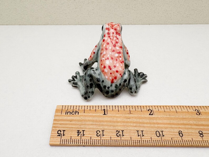 Op de afbeelding: Een keramiek kikker beeldje met een grijs en zwart lichaam en rode en witte vlekken. De kikker is ongeveer 2,5 cm lang en zit op een houten liniaal.