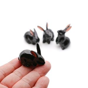 Black Rabbit Ceramic Miniature Figurine, Gift for Bunny Lovers, Animal Figurines Collectors, Good for Dollhouse Decoration