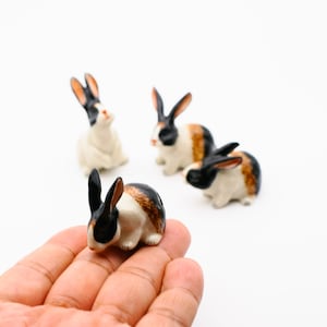 Tricolor Rabbit Ceramic Miniature Figurine, Gift for Bunny Lovers, Animal Figurines Collectors, Good for dollhouse decoration