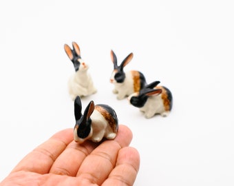 Hand-Painted Tricolor Ceramic Rabbit Miniature Figurine