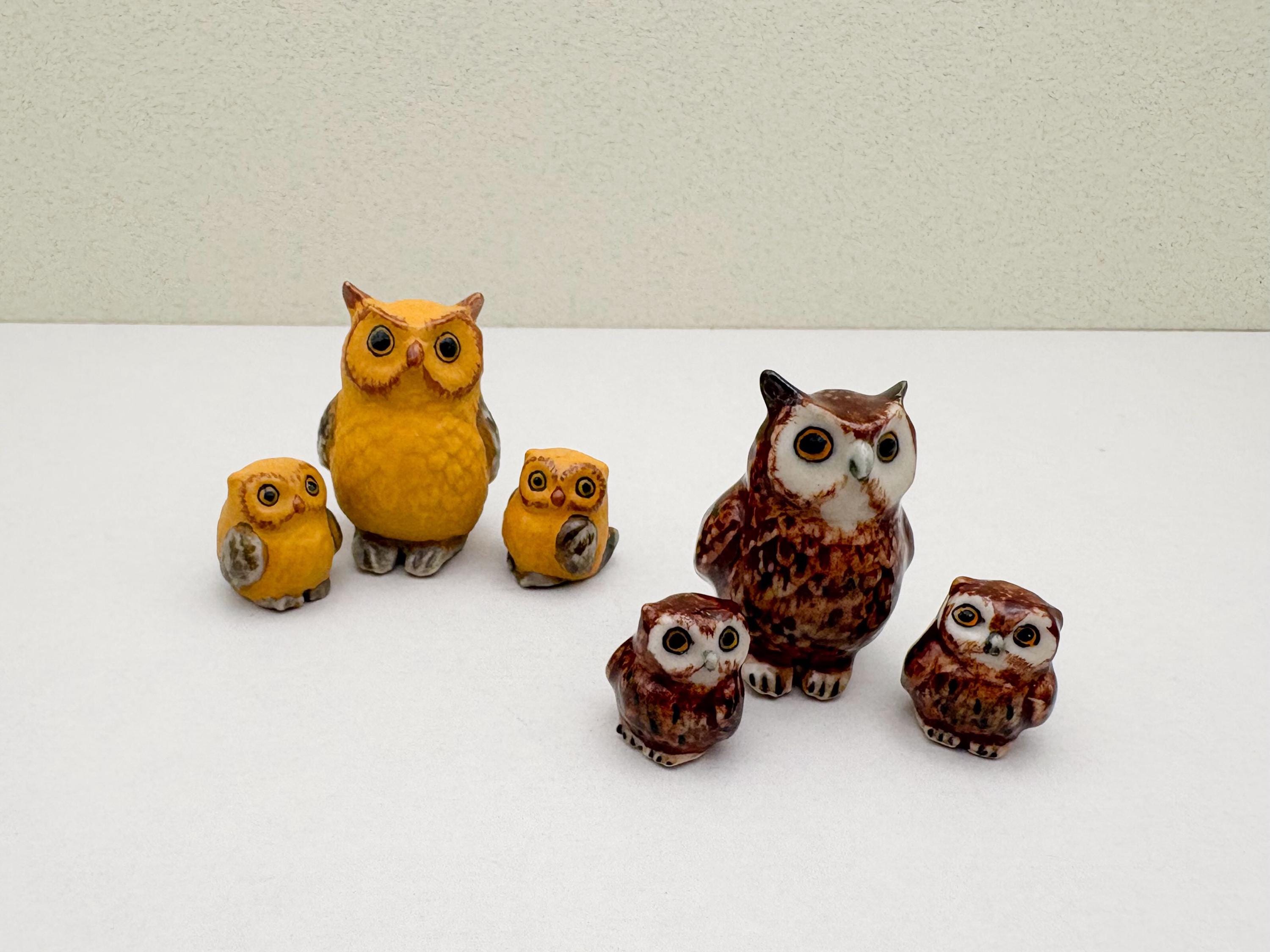 Ceramic Owl Figurine Set – Handmade Mom & Baby Owls in Brown or Yellow – Cute Miniat