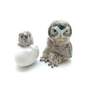 Set of Parent Owl Bird and Newborn Baby in Egg Ceramic Figurine, Gift for Owl and Bird Lovers, Nature and Wildlife Advocates