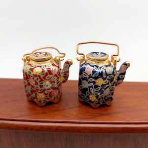 Ceramic Porcelain Miniature Chinese Teapot with Copper Handle, Benjarong patterns Golden Dots, Dollhouse Decoration, Gift for Teapot Lovers