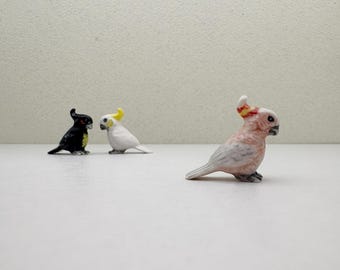 Tiny Cockatoo Birds Ceramic Figurine Miniature Statue, Gift for Bird Lovers, Bird Colllection.