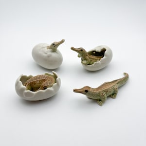 Newborn Crocodile Baby Ceramic Figurines, hatched from egg, animal miniature statue, gift for wild animal lovers and collector, home décor