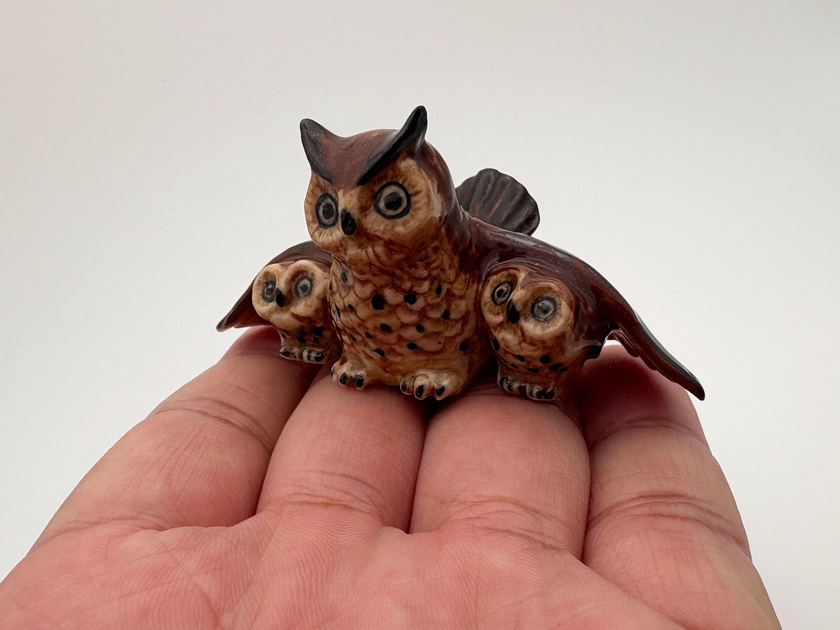 Wise Owl Family Ceramic Figurine – Handcrafted Miniature Collectible