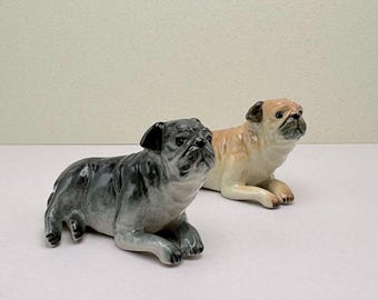 Ceramic Pug Figurine – Hand Painted Dog Miniature, Resting Pose, Fawn or Black Puppy Collectible