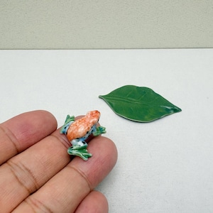 Può includere: Una piccola statuina a forma di rana in ceramica con dettagli arancioni, blu e verdi. La rana è accanto a una foglia di ceramica verde. La rana è tenuta dalle dita di una persona.
